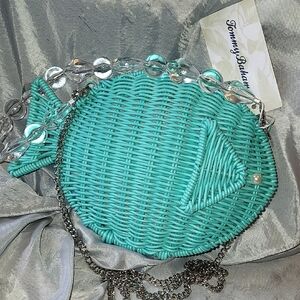 Tommy Bahama Teal Turquoise Woven Fish Crossbody Bag with Clear Bead Strap Bnwt